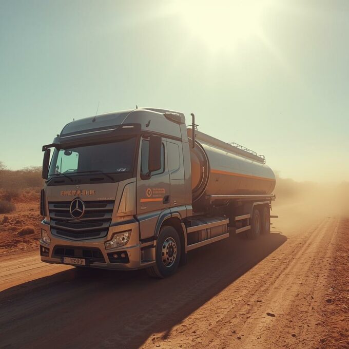 Photo réaliste d’un camion citerne moderne circulant sur une route africaine, transportant des produits pétroliers ou du gaz, environnement local (paysage, route africaine), sans logos ni marques. (1)