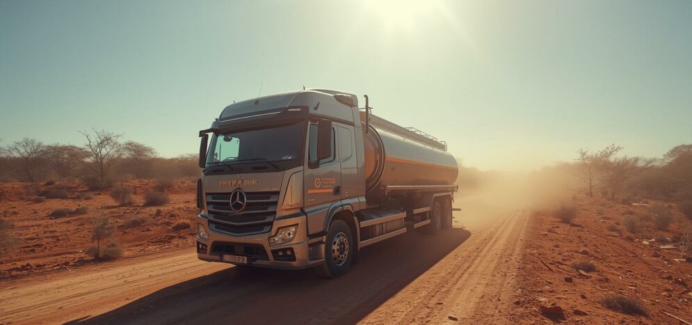 Photo réaliste d’un camion citerne moderne circulant sur une route africaine, transportant des produits pétroliers ou du gaz, environnement local (paysage, route africaine), sans logos ni marques. (1)