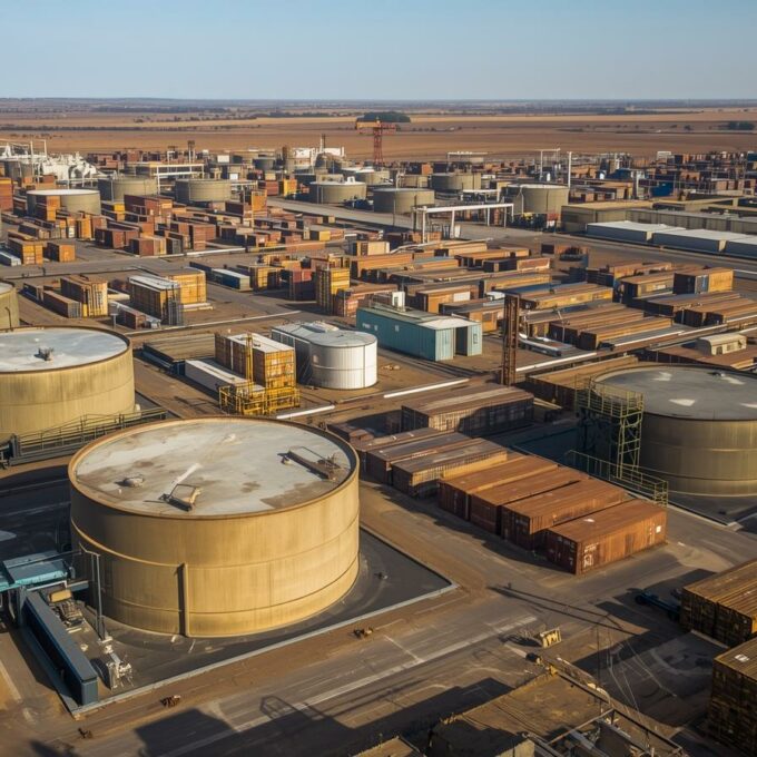 Vue aérienne d’un dépôt pétrolier en afrique avec des conteneurs (2)