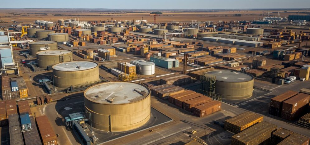 Vue aérienne d’un dépôt pétrolier en afrique avec des conteneurs (2)