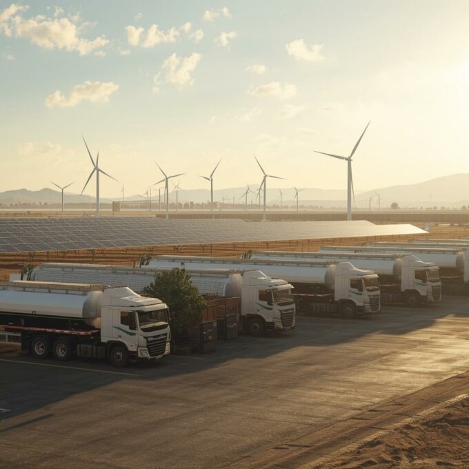 Paysage africain moderne _ camions-citernes devant un dépôt logistique avec en arrière-plan des panneaux solaires ou éoliennes.