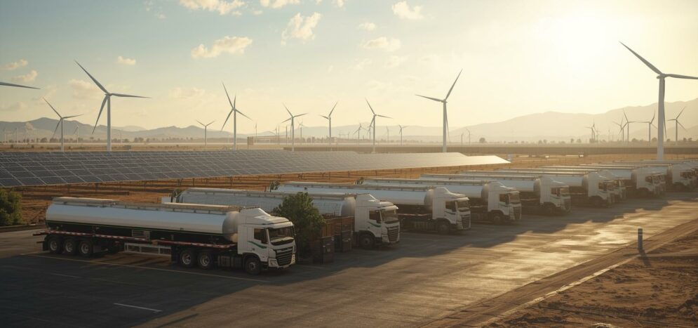 Paysage africain moderne _ camions-citernes devant un dépôt logistique avec en arrière-plan des panneaux solaires ou éoliennes.